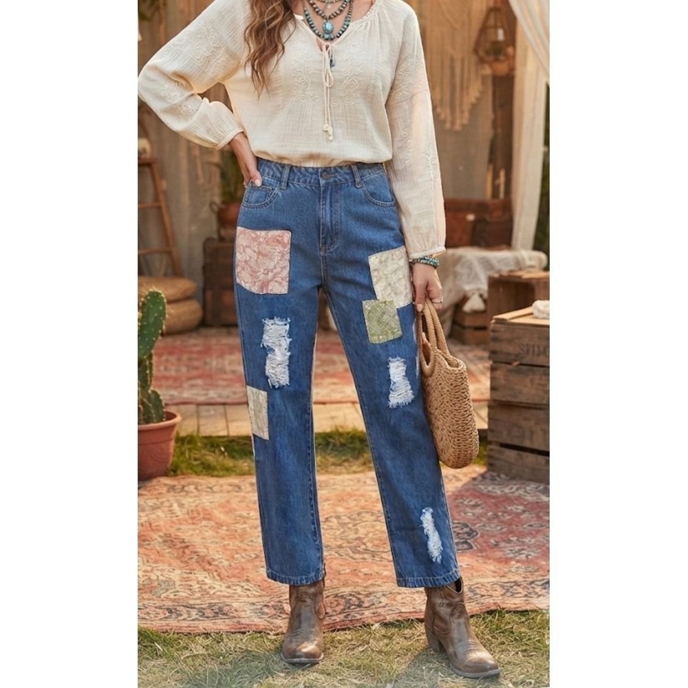 Easel Los Angeles Patchwork Distressed Straight Leg Jeans Medium Wash EB41261 M
